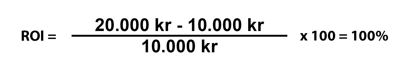 Roi eksempel: (20000 - 10000) / (10000) x 100 = 100%