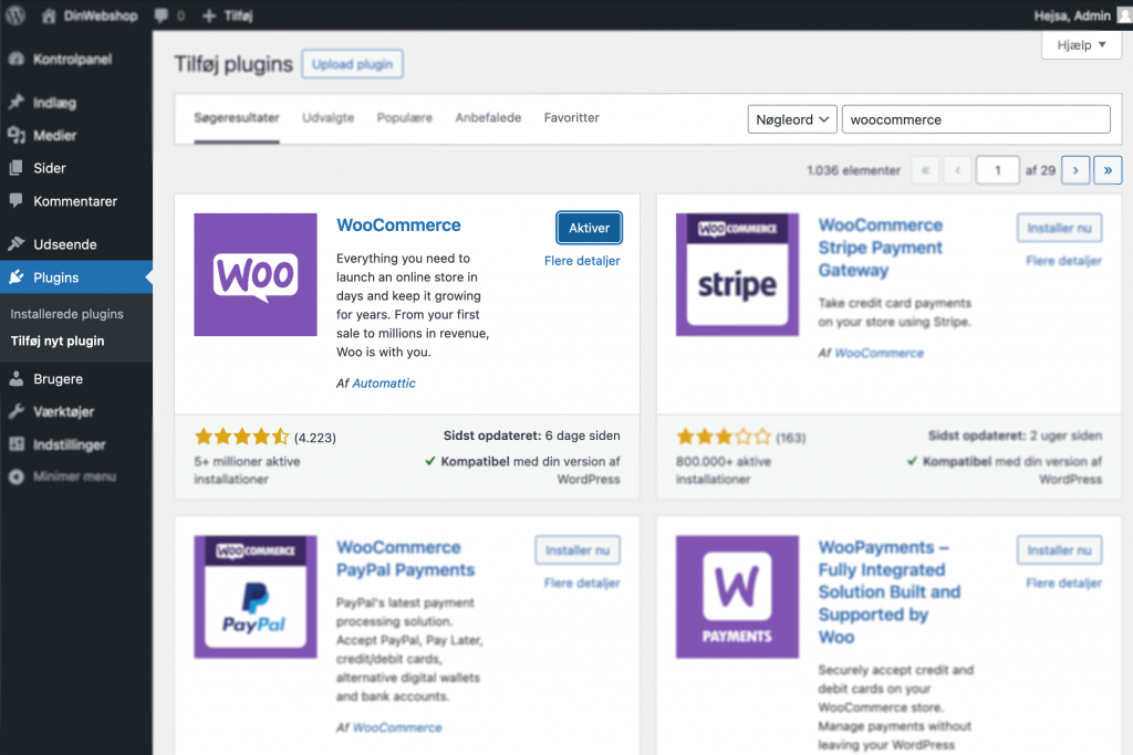 Wordpress screenshot - Aktiver WooCommerce