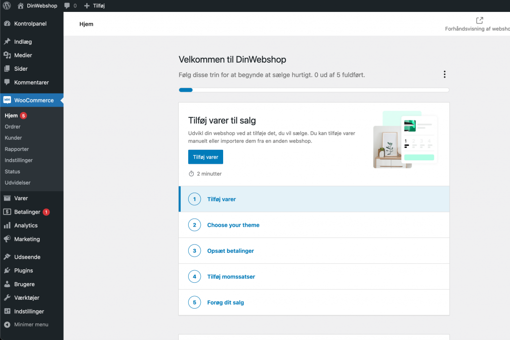 Wordpress screenshot - WooCommerce installeret
