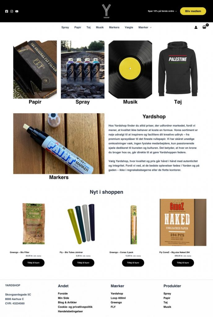 Screenshot af den nye webshop til Yardshop